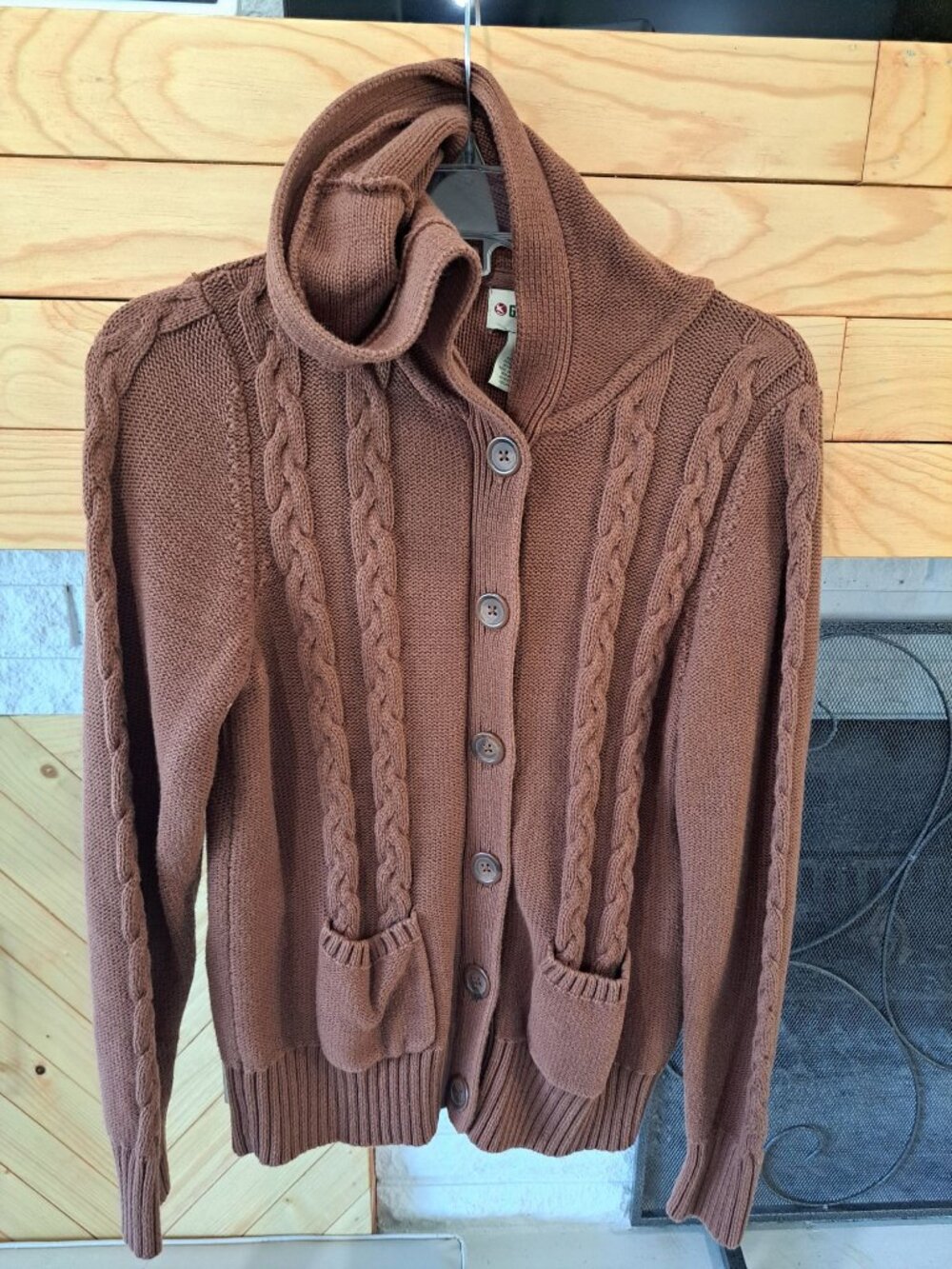 Gander Mountain Brown Cable Knit Cardigan Hood Pockets S Cotton Winter Warm Wome